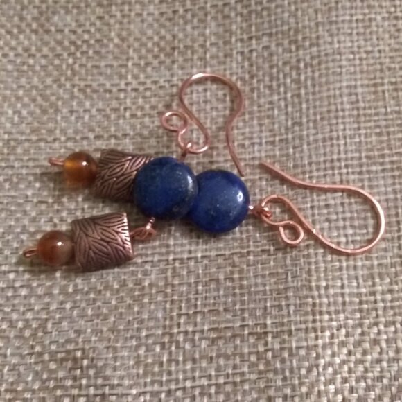 Autumn Alchemy: Copper & Lapis Coin Earrings with Russet Agate Warmth ~ Handmade - Picture 8 of 11
